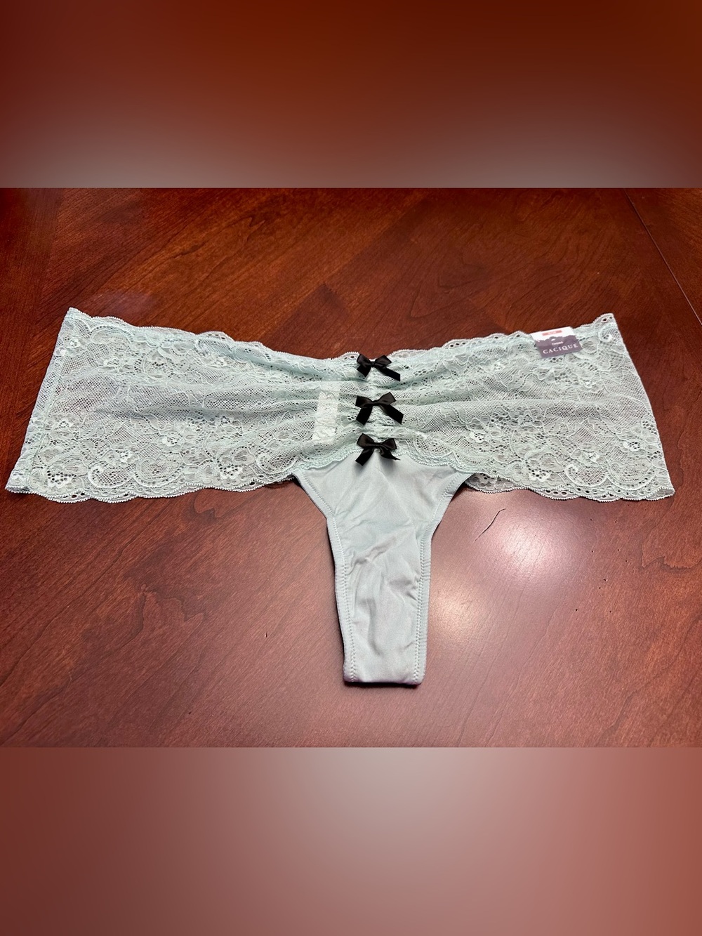 Cacique Sage Green Lace Thong Panty 18/20 NWT Bow Detail